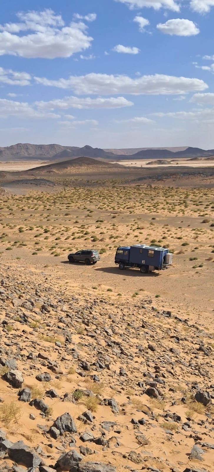 Blue expedition truck and support SUV in a rocky landscape