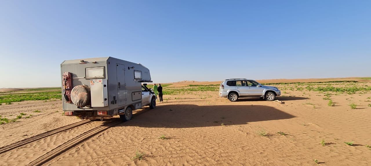 Expedition campers on the edge of a dune field