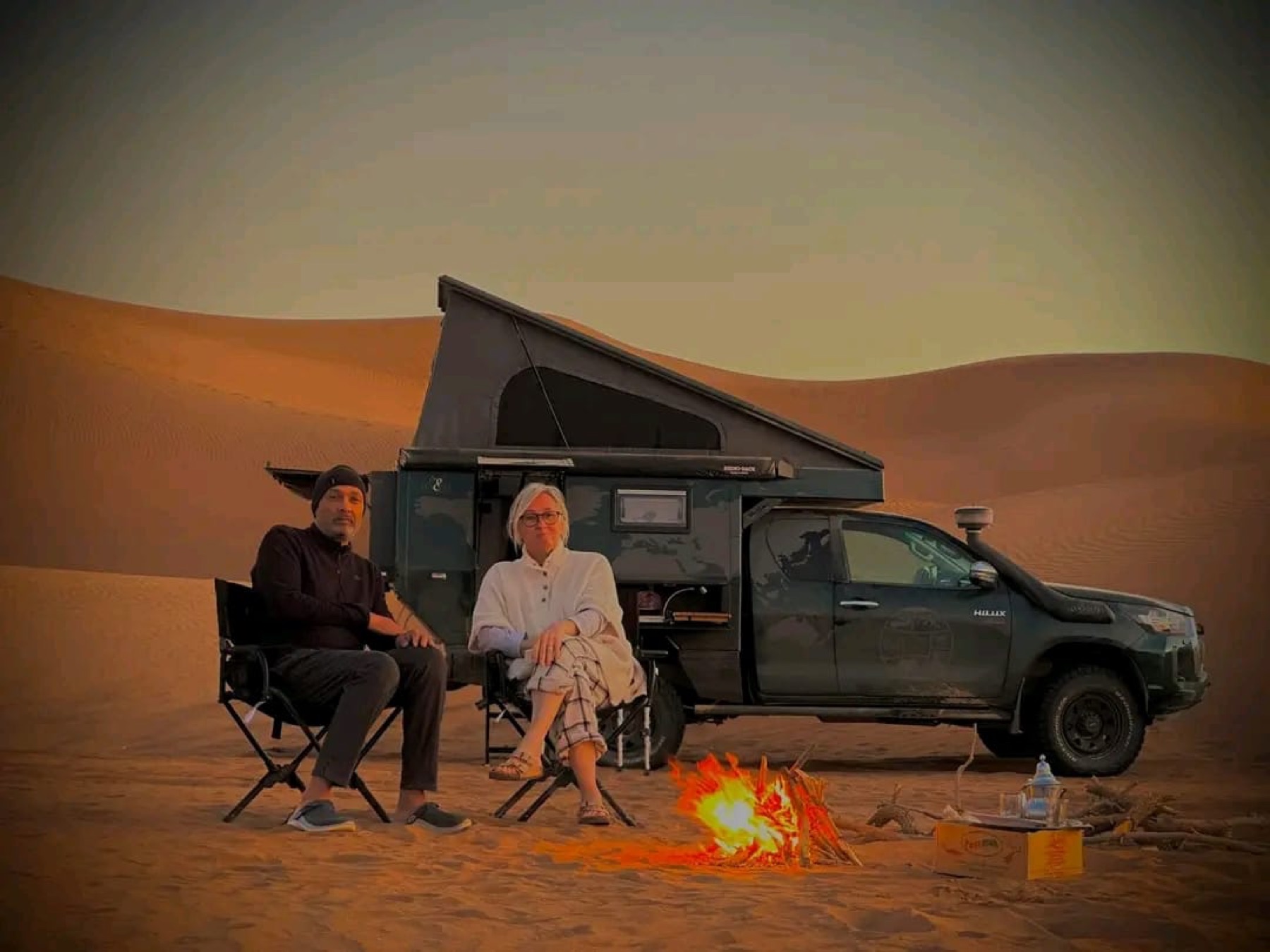 Overland camp set up among the dunes