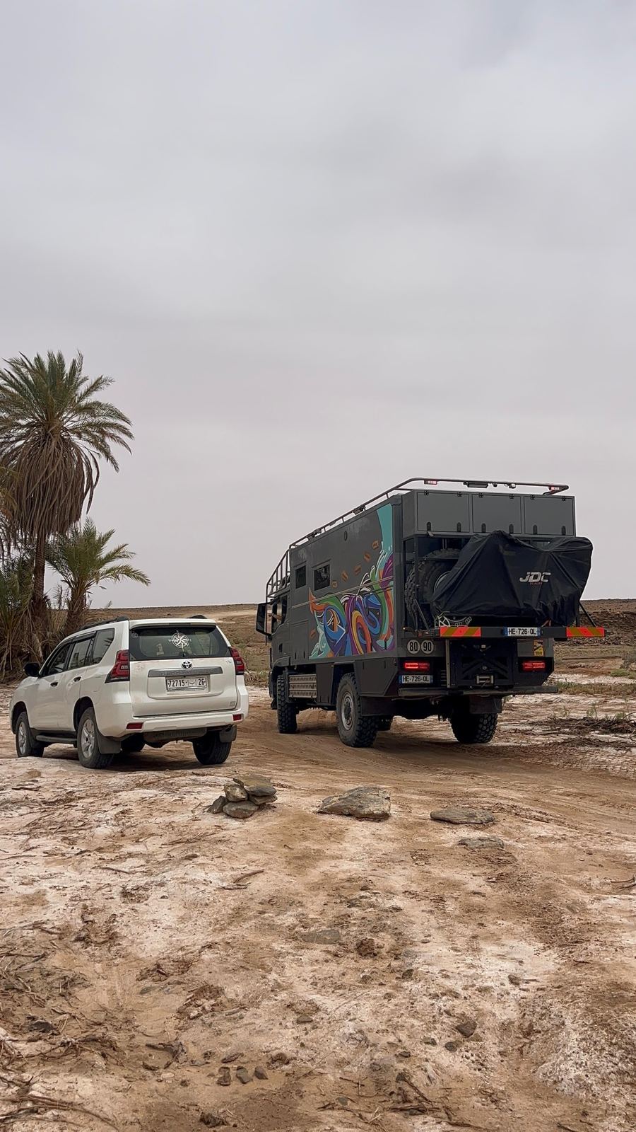 Graffiti expedition truck and support SUV on salty ground
