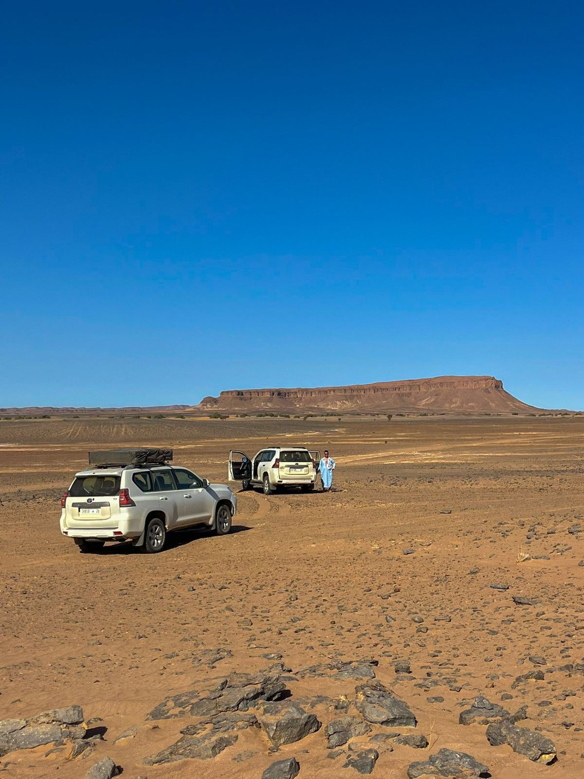 Two Land Cruisers on a desert plateau