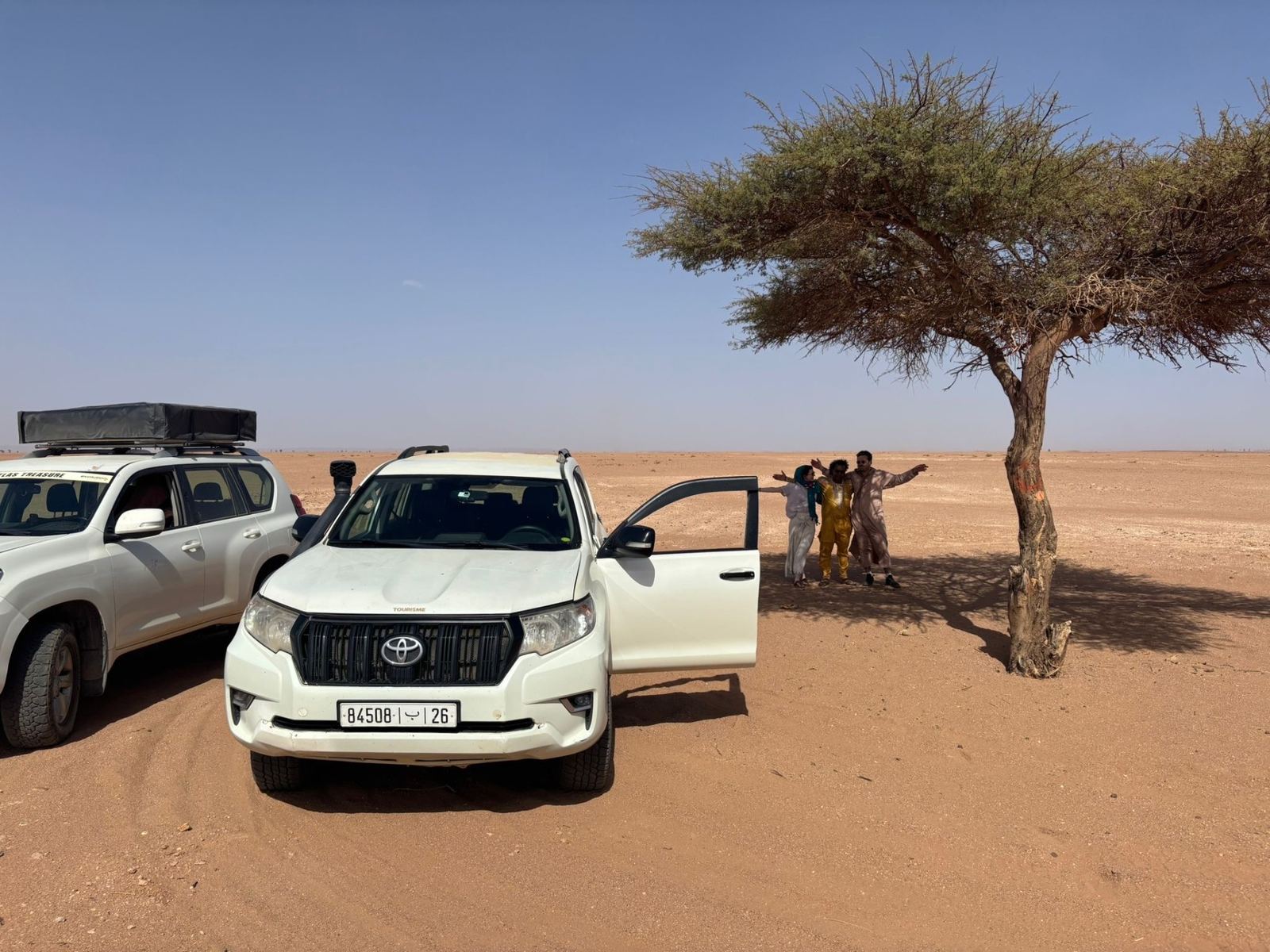 Land Cruisers under an acacia tree with nomads in traditional dress